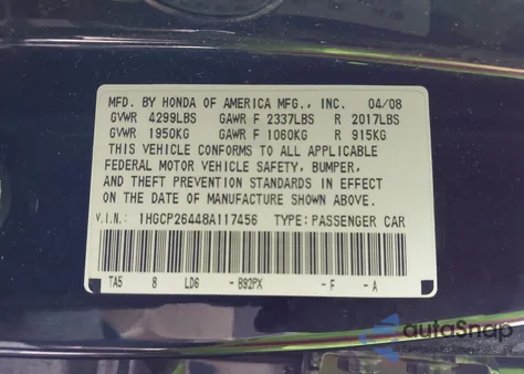 2008 Honda Accord 2.4 Lx-P from USA, damaged, VIN 1HGCP26448A11745